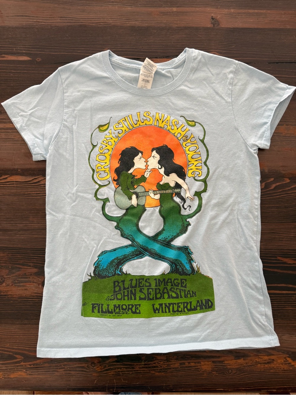 Crosby Stills Nash & Young Light Blue Gildan Tee with Retro Band Graphic